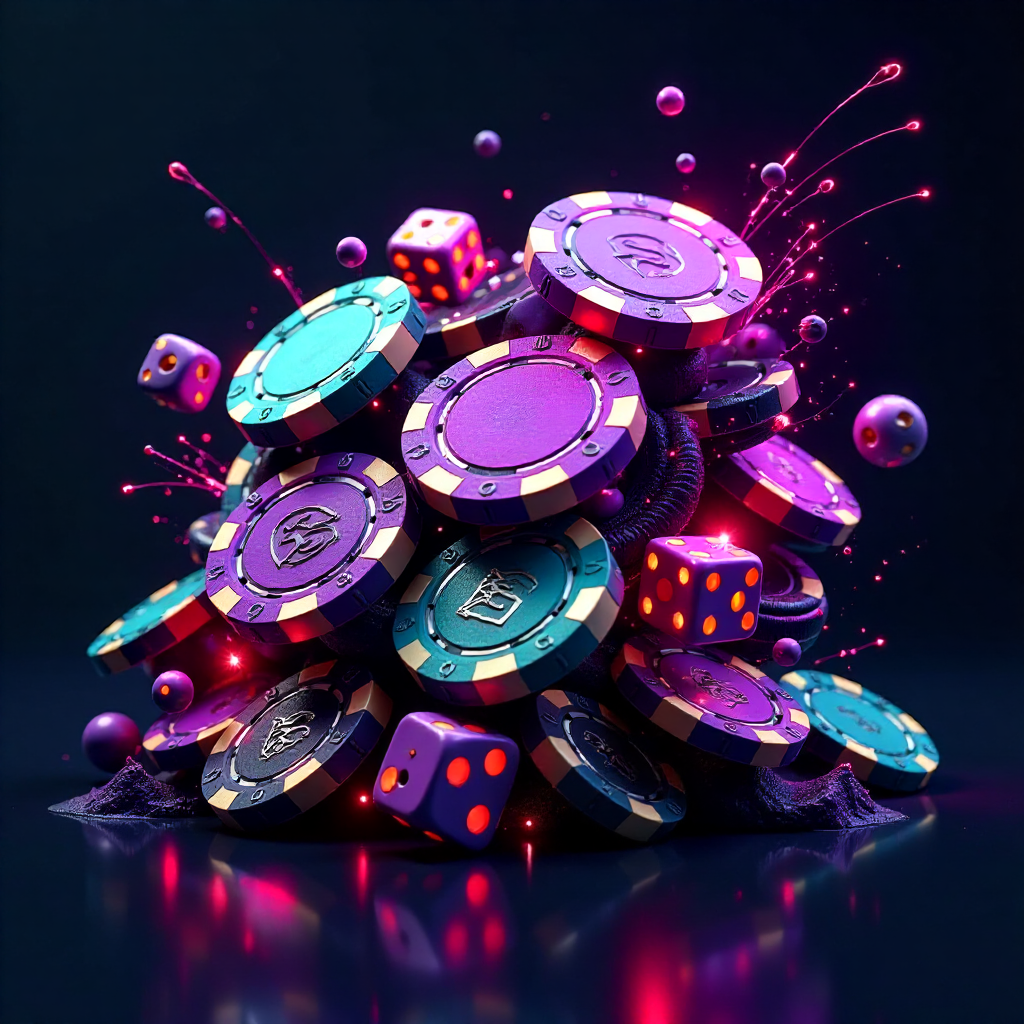Dynamic 3D explosion of purple and teal casino chips, Solana coins, and dice mixed with subtle liquid metal ribbons in German flag colors (black, red, gold), dark charcoal reflective background, neon energy trails, futuristic high-tech gambling art, high 